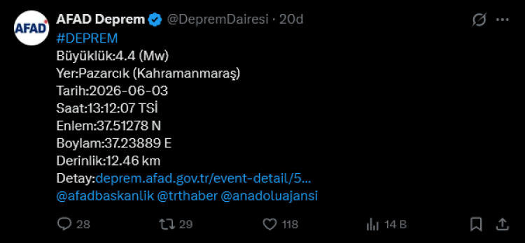 Kahramanmaraş Pazarcık’ta 4,4 Büyüklüğünde Deprem
